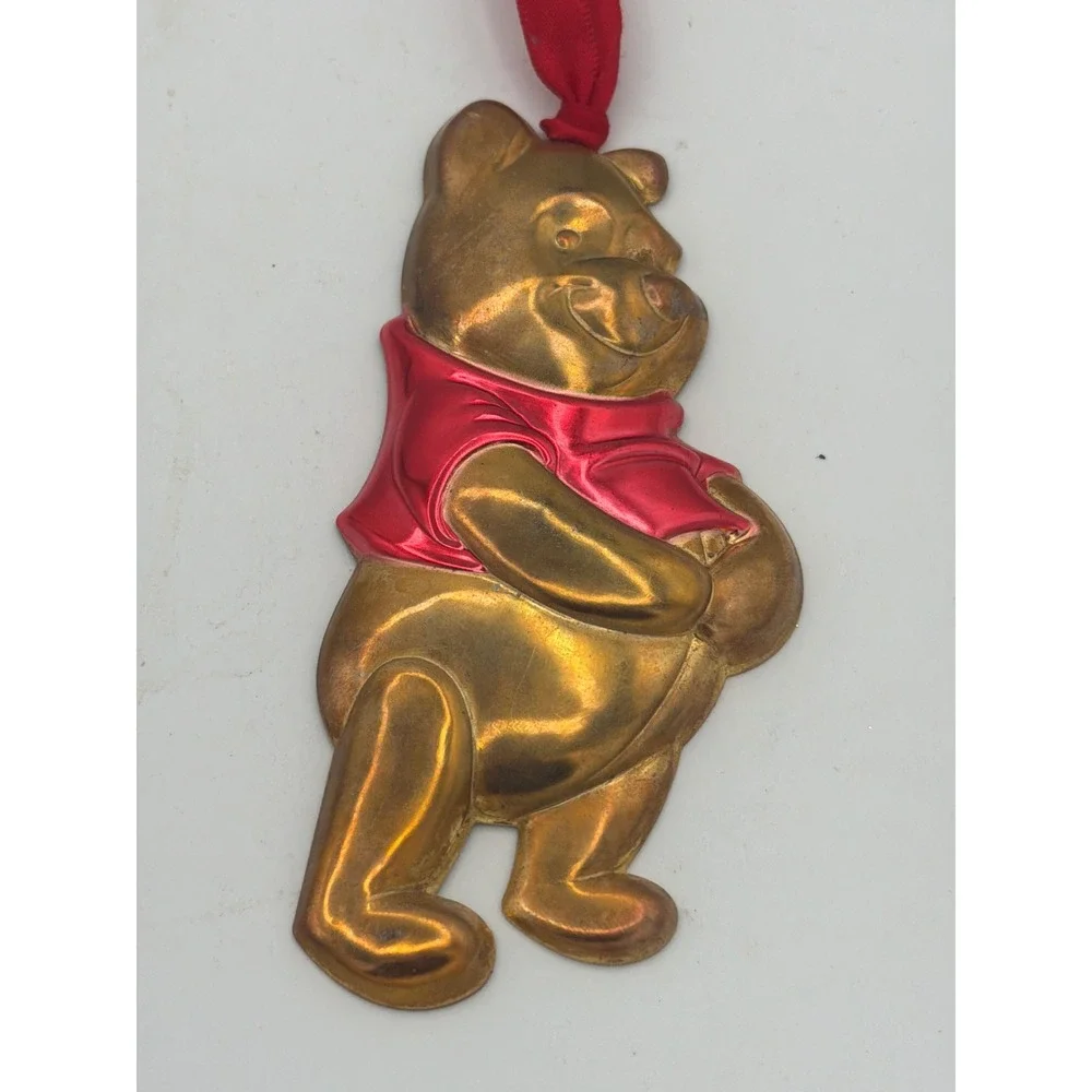 Vintage Disney Brass Winnie the Pooh Christmas Ornament Red Enameled Shirt
